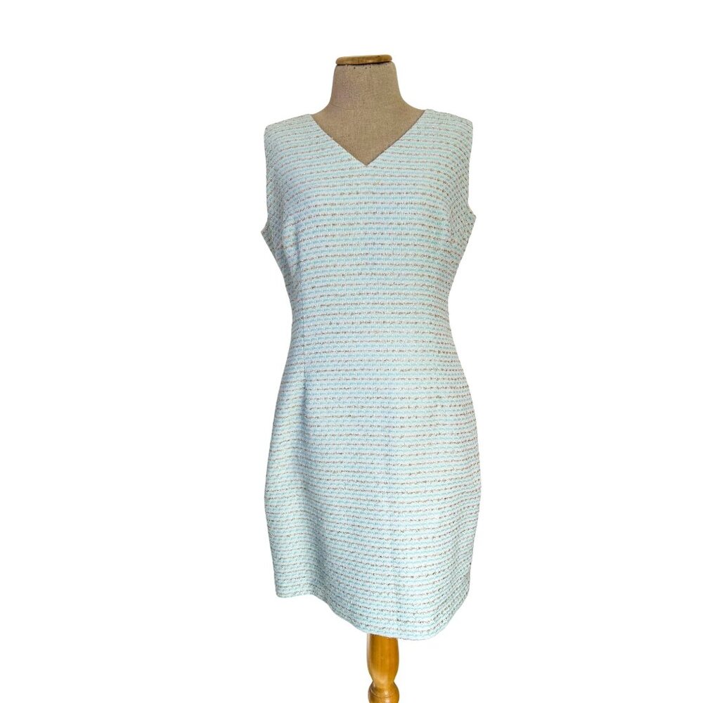 Poeta Womens Sz L White & Gold Sleeveless Tweed Sheath Dress With V-Neckline